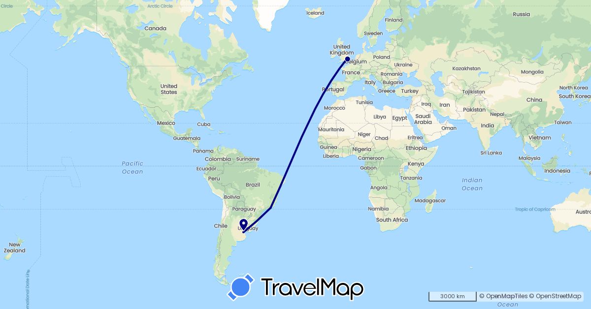 TravelMap itinerary: driving in Argentina, Brazil, United Kingdom (Europe, South America)